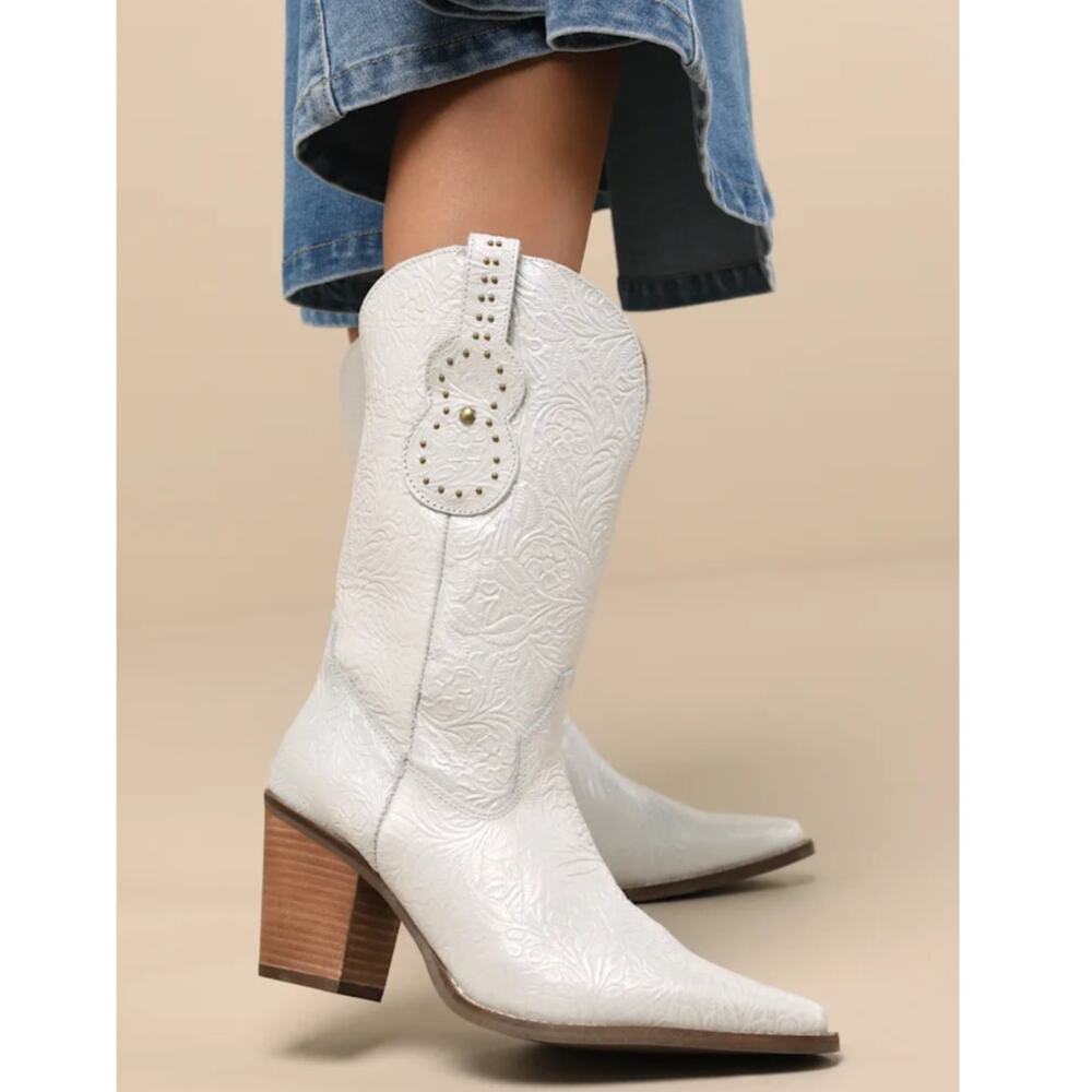NWT Dingo Rhythm 'N' Blues White Leather Embossed Western Cowboy Boots 9.5